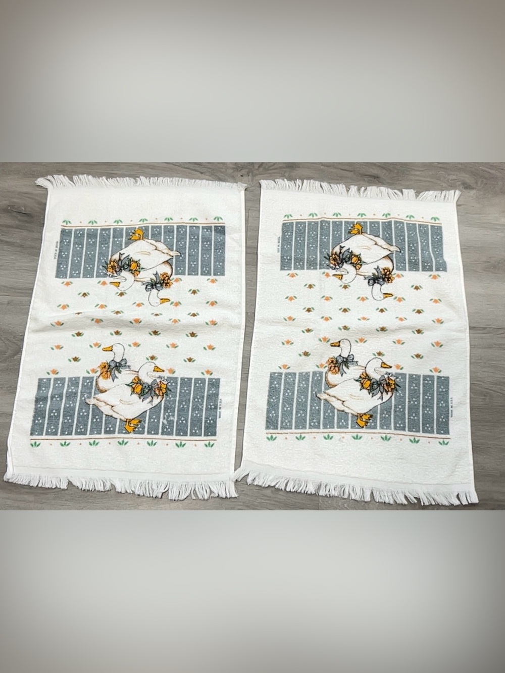 Vintage Country Goose Hand Towels Set 2 Fringe White Blue Cottage Floral USA